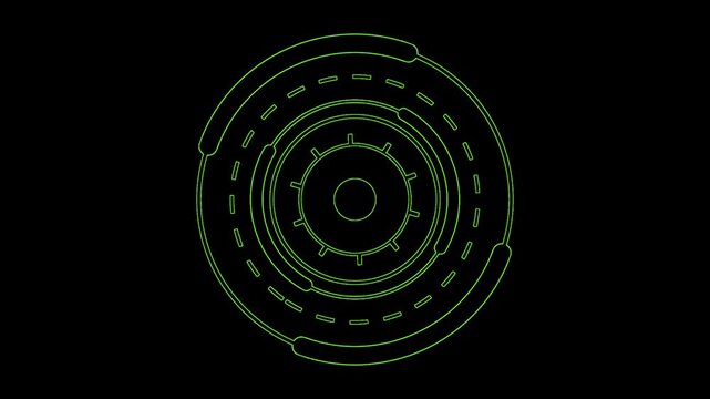 Circles rotate in a green mechanical pattern to visualize circular motion, scanning radar data, or technical precision in a futuristic interface design used for tracking and monitoring complex.