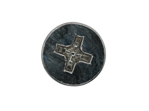 Dark metallic phillips screw head top view, industrial hardware element.