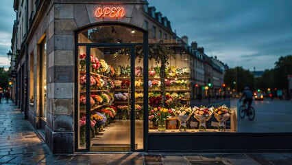Obraz premium Open flower shop storefront with colorful floral arrangements and illuminated display on rainy evening street