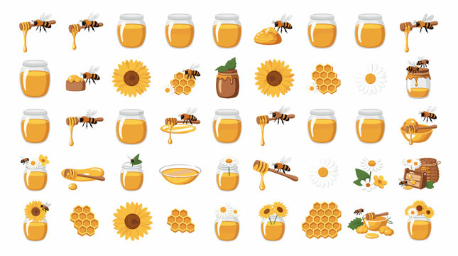 Sweet Honey Dipper Patterns and Autumn Sunflower Honeycomb Botanical Frame Layout Sheets for Thanksgiving Craft Projects and Local Grocery Marketplace Promotion Graphic Assets