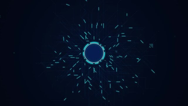 Abstract digital technology background with glowing blue circuit lines and central circular interface