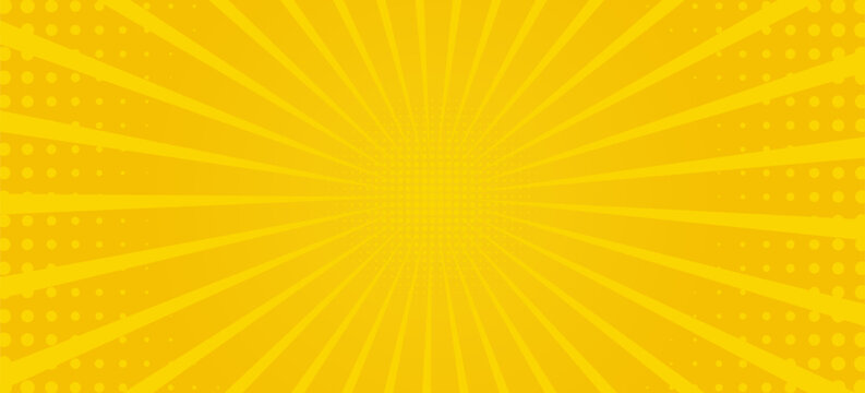 Abstract orange comic background. Art pop cartoon backdrop. Halftone effect pattern. Fun anime texture. Starburst manga style bg. Mark popart radial gradient. Spiral, swirl, comic rays.