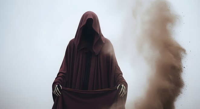 A grim reaper figure in a dark maroon hooded cloak with skeletal hands emerging from a cloud of dust