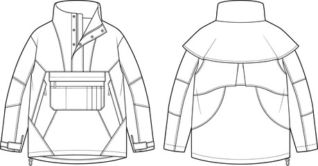 Technical Outdoor Anorak Jacket Flat Sketch with Front and Back Views © Moslema