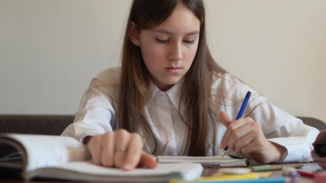 girl studying at home. A girl in white blouse gets while doing homework. A female student is tired in class. A schoolgirl solves a difficult example while sitting at a table.