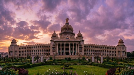 Obraz premium Vidhana Soudha Bangalore Karnataka India at dusk with dramatic cloudy sky and landscaped garden
