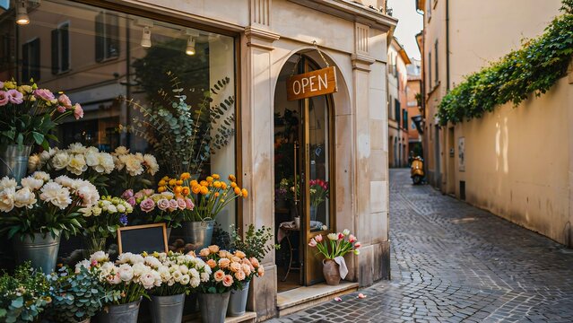 Charming flower shop entrance with colorful bouquets on cobblestone street