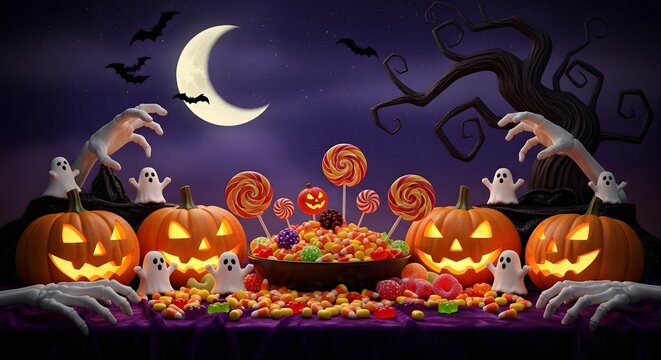 Halloween festive table with carved pumpkins, candy bowl, and ghosts