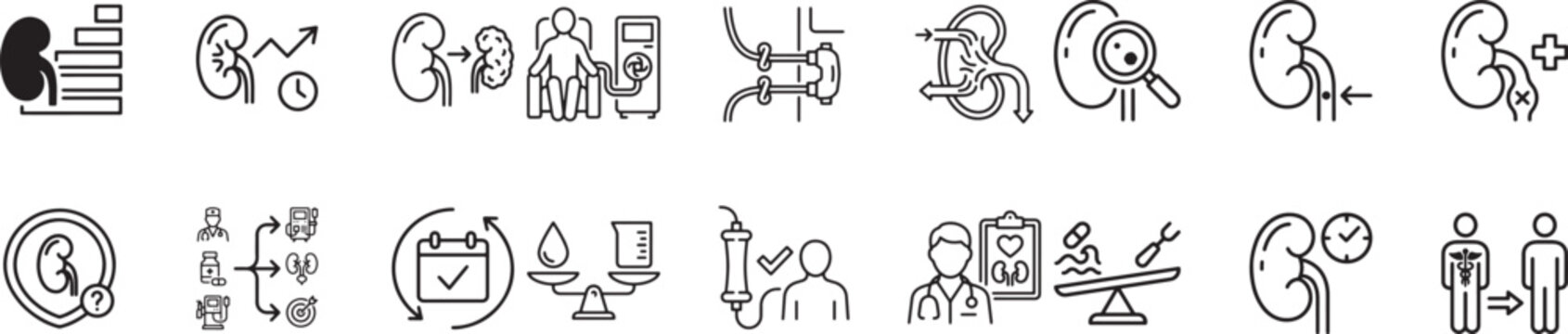 Kidney healthcare icons set featuring renal function dialysis treatment medical diagnosis nephrology care symbols and urology health clinic graphics