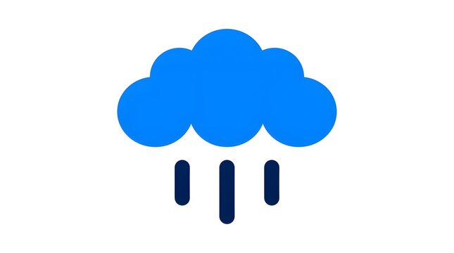 Minimalist vector icon of a bright blue cloud with dark blue rain droplets in bold flat design style isolated on white background