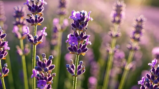 Close-up macro shot of blooming purple lavender flowers on green stems in a field with a soft bokeh background and warm natural sunlight illumination during the golden hour.