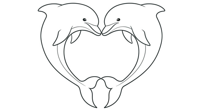 Dolphin pair forming a heart shape black line drawing on a white background