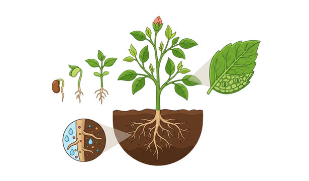 Plant Anatomy Educational Vector Illustration with Roots Stem and Leaves Structure
