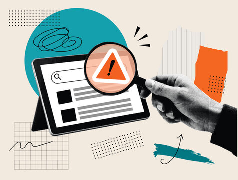 Halftone Pop Art Collage with Magnifying Glass and Warning Alert. Digital Research, Risk Assessment, and Online Investigation Concept. Business Audit, Fraud Detection, and Compliance Review