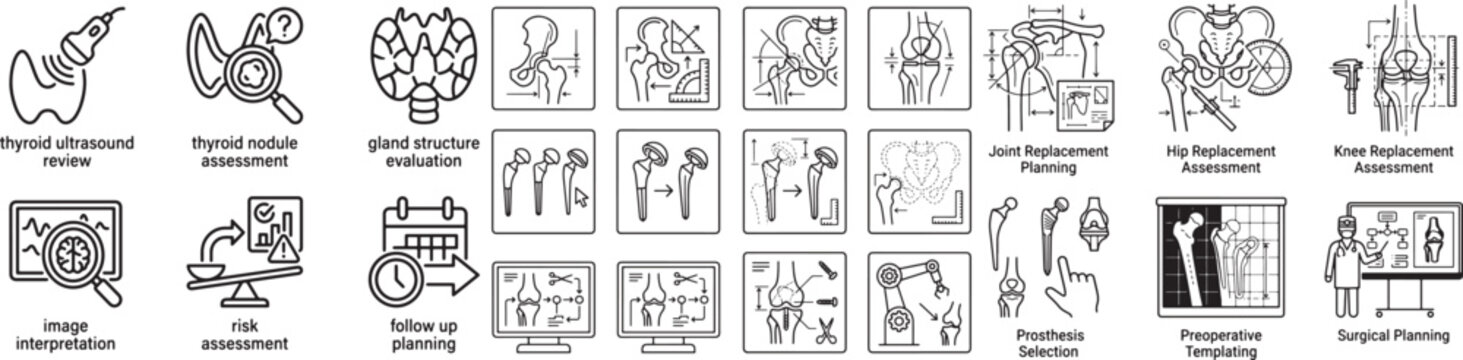 Oncology medical care planning icon set. cancer treatment, diagnosis, and monitoring process with thin line vector symbols