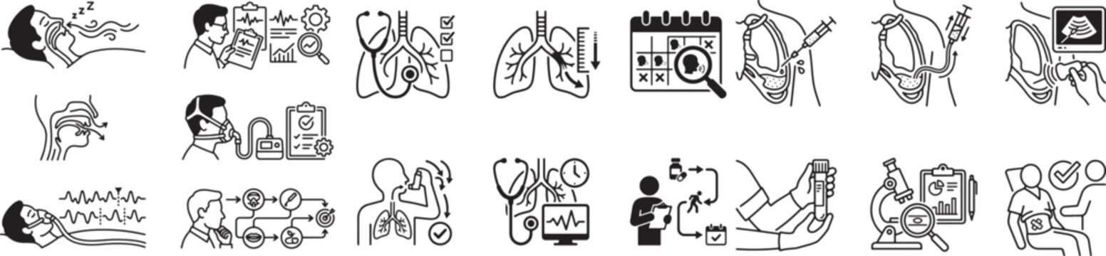 Oncology icons for tumor detection, diagnosis review, imaging, palliative care, symptom management, and supportive consultation. Medical health services.