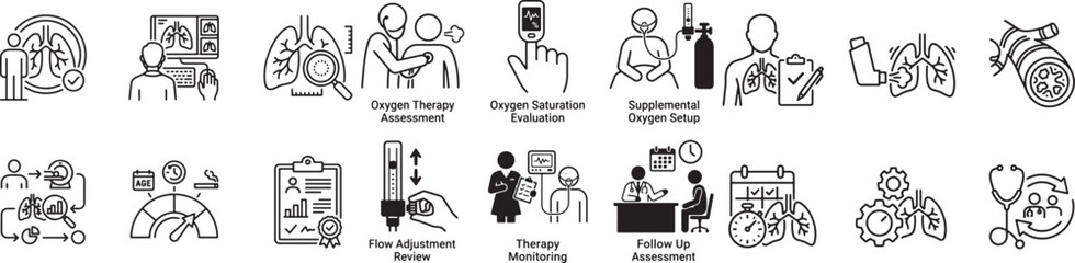 Fototapeta premium Pediatric health and medical care thin line icon set collection featuring allergy assessment symptom evaluation and development tracking design elements