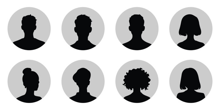 User profile avatar icon set, anonymous person silhouette symbols, social media account member heads and human character portraits. blank and default profile set. 