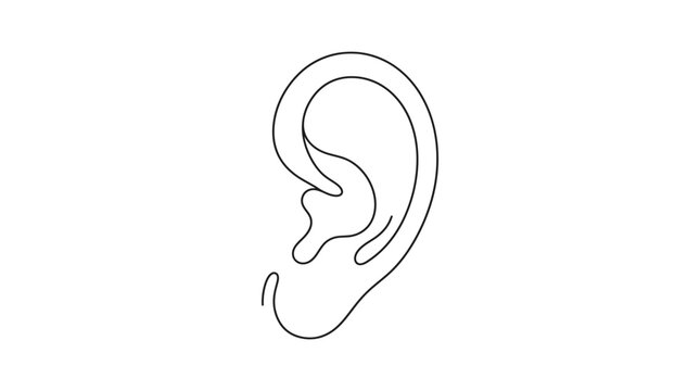 A minimalist continuous line drawing of a human ear on a white background.