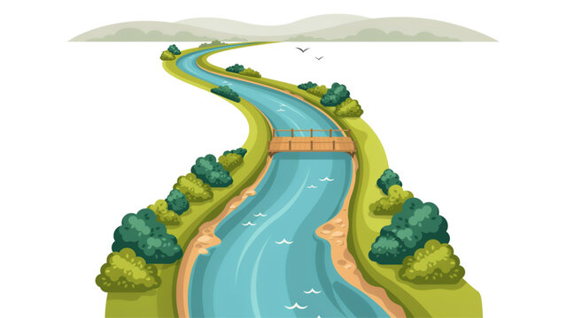 Colorful winding river flowing through green valley landscape with mountains