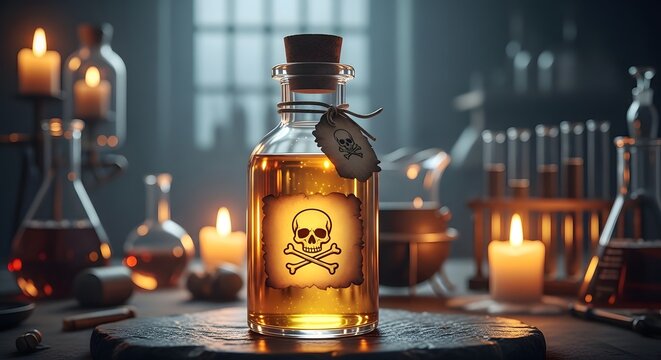 Glass bottle of poison with skull and crossbones label on a wooden table in a dark laboratory