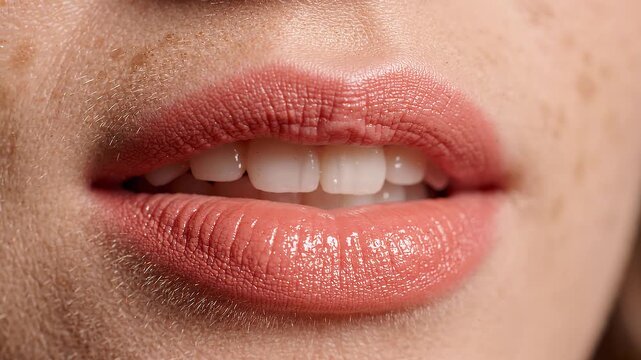 Close-up of a woman's lips with soft pink lipstick. Skin shows natural freckles and texture. Expression is gentle, relaxed, and inviting. Ideal for beauty, cosmetics, or wellness content