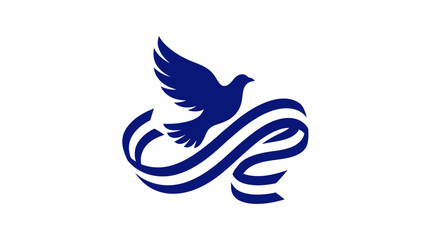Fototapeta premium A stylized blue dove icon soaring above flowing ribbon shapes on a white background.