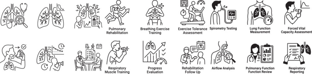 Naklejka premium Cancer survivorship and recovery assessment line icon set including chemotherapy treatment planning outcome evaluation and supportive care planning