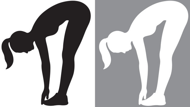Athletic woman bending forward touching toes flexibility stretching exercise silhouette in black and white variations, scalable EPS vector file