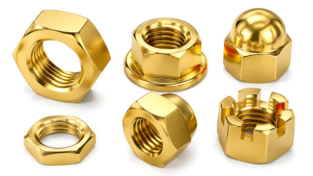 Polished gold hex nuts collection, 6 brass hardware fasteners for industrial assembly, shiny metallic screw thread components for engineering isolated on White Background ai