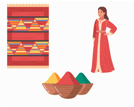 Moroccan culture vector elements set with woman in traditional caftan dress, berber carpet, and colorful spices isolated on white background