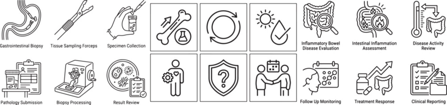 Professional medical vector icon set highlighting laboratory processes tissue sampling biopsy evaluation and gastroenterology diagnostic procedures