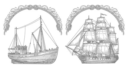 Vintage Sailing Ship and Fishing Boat Duo Illustration © Angger