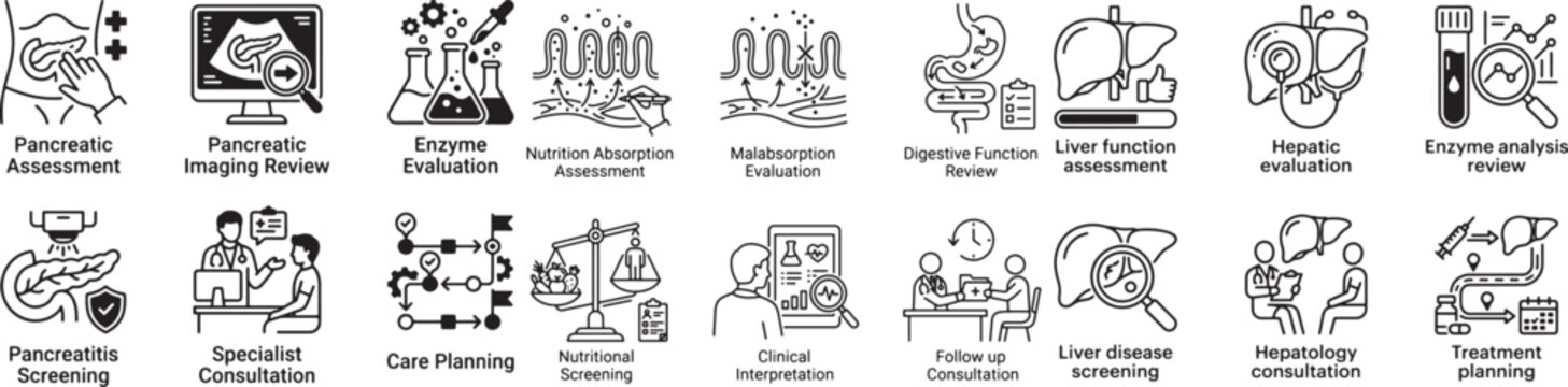 Pancreatic assessment and liver function review icons for enzyme evaluation nutrition absorption malabsorption screening and specialist consultation