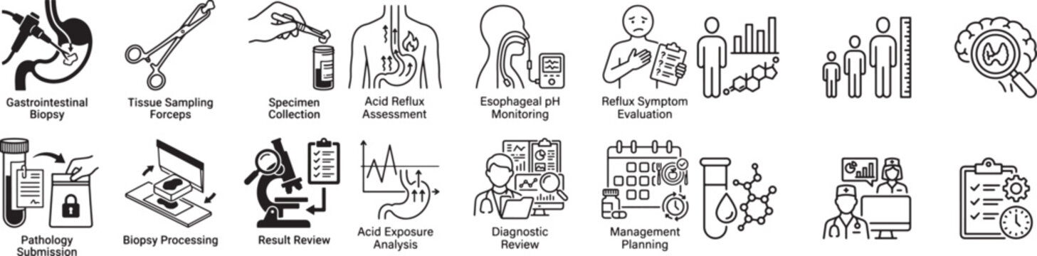 Esophageal ph monitoring and acid reflux assessment icons for reflux symptom evaluation diagnostic review management planning and biopsy processing