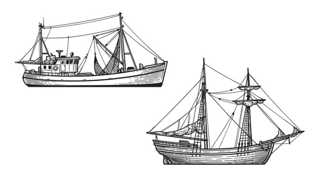 Vintage Sailing Ship and Fishing Trawler Sketch