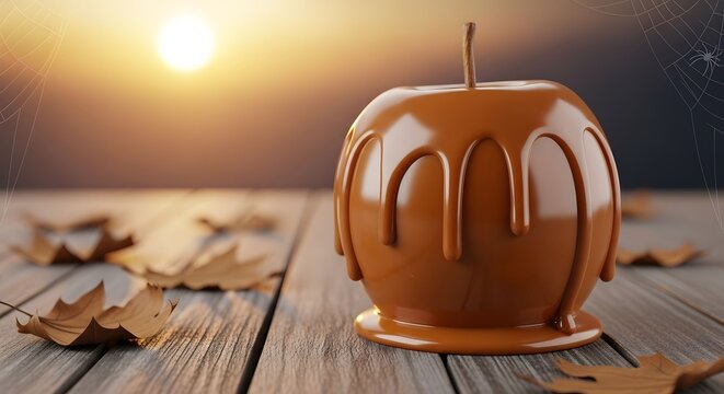 Caramel apple on a wooden table with autumn leaves at sunset, halloween concept