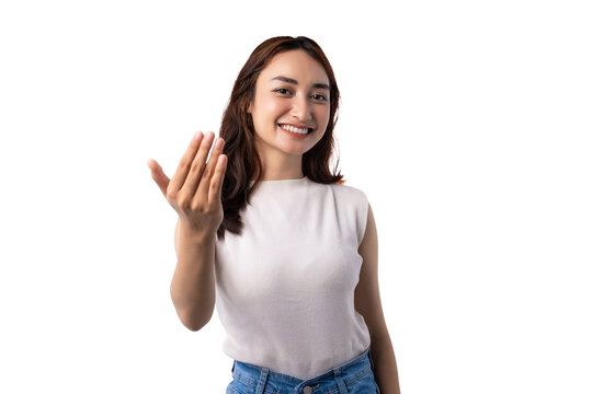 Smiling Young Asian Woman Making Come Here Hand Gesture on Transparent Background