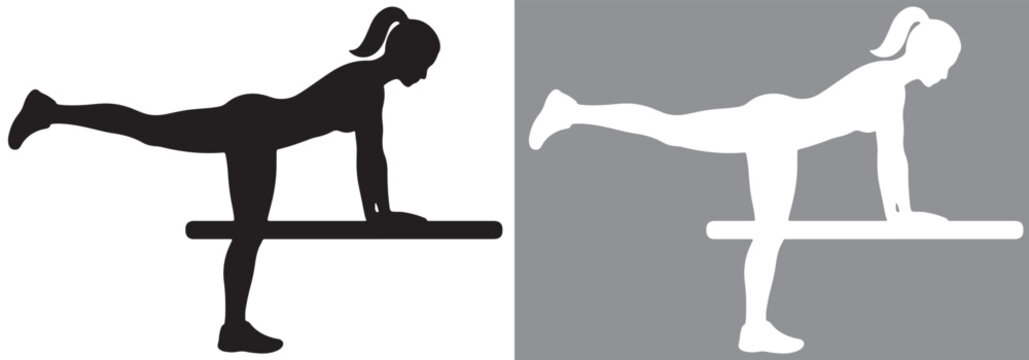 Athletic woman performing donkey kick leg extension on gym bench full body silhouette in black and white variations, customizable EPS vector file