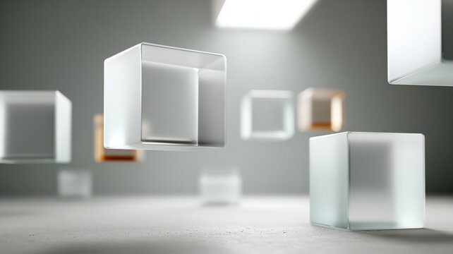 Translucent cube glassy frosted grid, abstract geometric pattern with floating square block on gray background and soft light