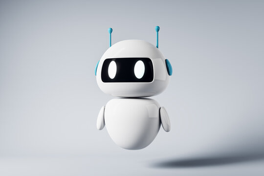 Adorable futuristic white robot assistant with glowing eyes floating on light background in clean modern technology style. 3D Rendering