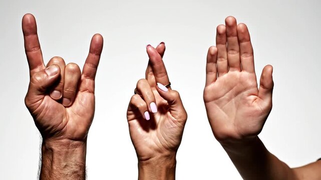 Three human hand gestures on white studio background