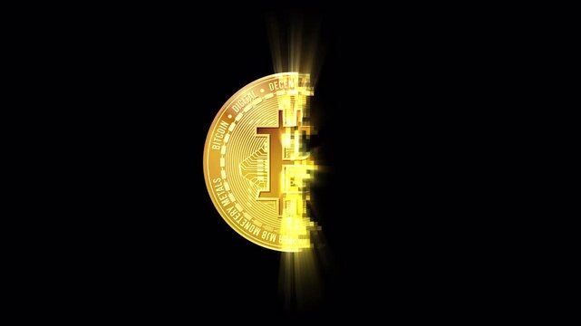 Animated Bitcoin coin reveal animation with pixelated block transition, glowing light rays and transparent alpha channel background. Ideal for cryptocurrency, blockchain and finance tech projects