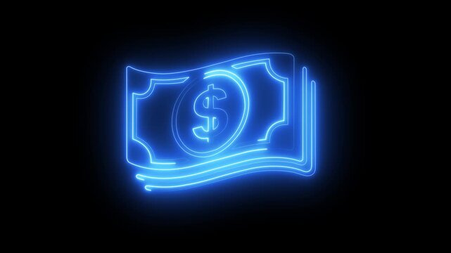Glowing blue neon dollar bill sign animation for financial business and banking concepts on black background . 4k video motion graphic animation .