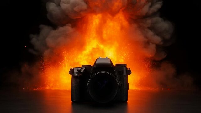 D s l r camera silhouette in dramatic fire and smoke explosion background with vibrant orange and red fireball effect
