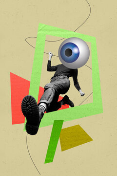 Vertical sketch image photo collage of anonym girl guy instead head freemason eyeball stare control esoteric eyesight watch