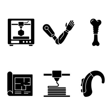Set of black featuring 3d printing technology, prosthetic arm, bone structure, architectural blueprint, and hearing aid medical device