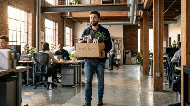 A man with a beard carries a cardboard box labeled Liam's Desk through a busy office environment, signifying his decision to quit his job and leave his current company behind