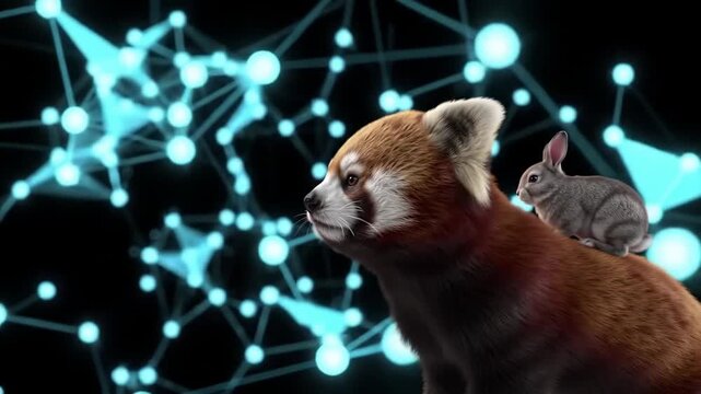 Red panda and rabbit with blue digital background