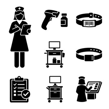 Set of six black medical featuring a nurse, barcode scanner, patient wristband, medical trolley, checklist, and nurse with computer screen